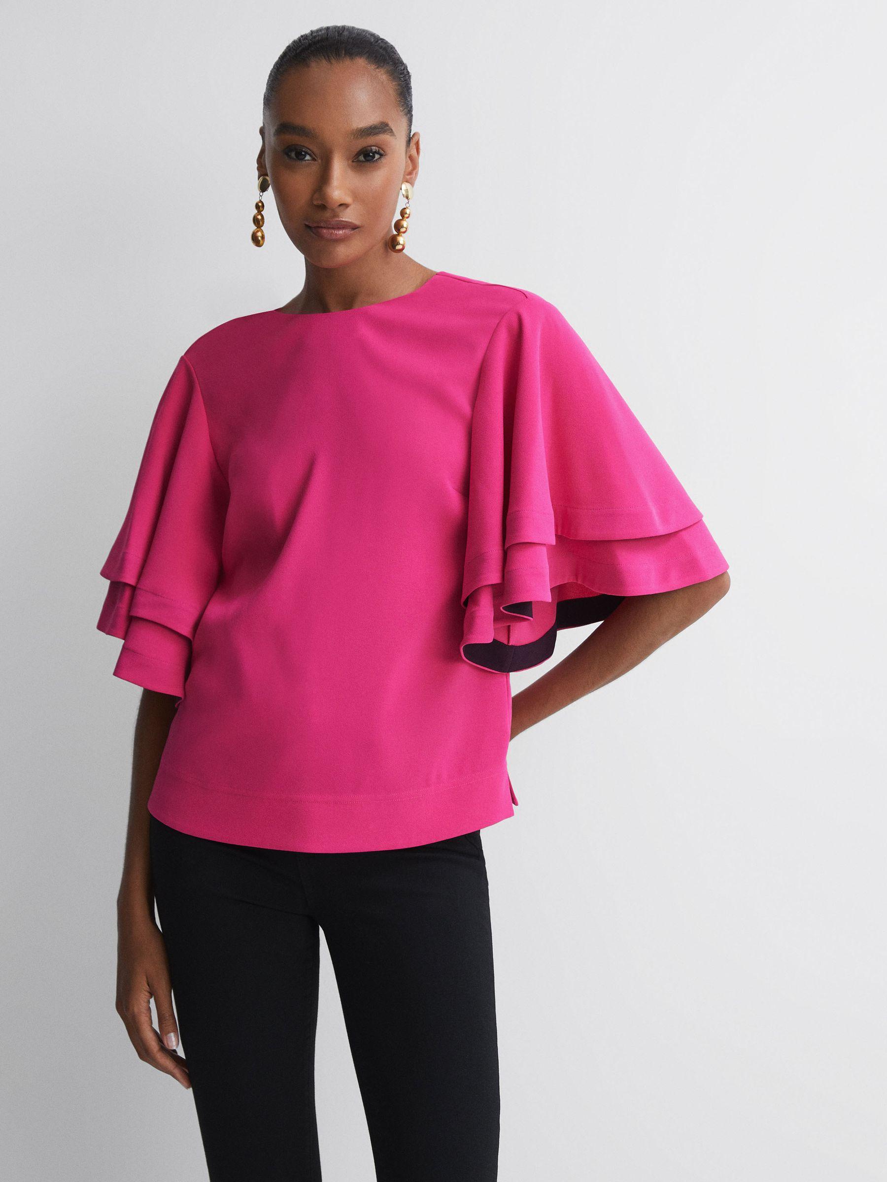Florere Tiered Sleeve Top in Bright Pink Product Image