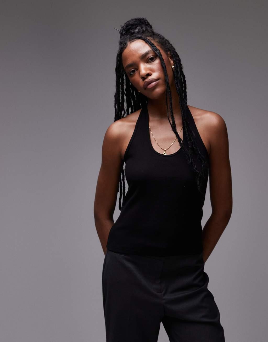 Topshop ribbed halter top in black Product Image