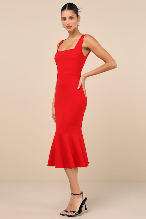 Moment Maker Red Square Neck Trumpet Midi Dress Product Image