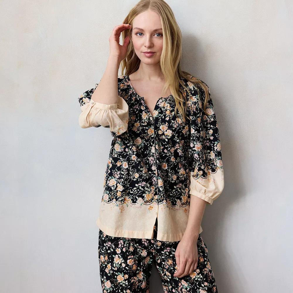 Petite LC Lauren Conrad Raglan Sleeve Button Front Top, Women's, Size: XS Petite, Black Lizzie Border Product Image