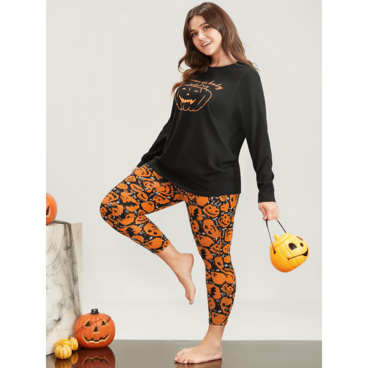 Plus Size Halloween Pumpkin Print Party Pajama Set Women Orange Graphic-Halloween Printed Long Sleeve Round Neck Casual Loungewear Sets BloomChic 10/M Product Image