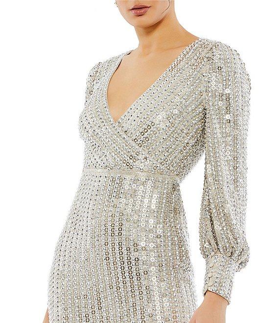 Mac Duggal V-Neck Long Sleeve Sequin Sheath Midi Dress Product Image