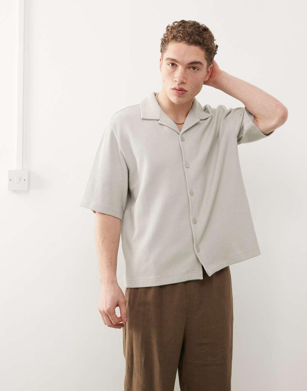 Weekday rib oversized resort short sleeve shirt in beige Product Image
