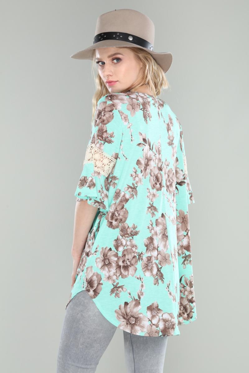Floral bell sleeve tunic with croche Product Image