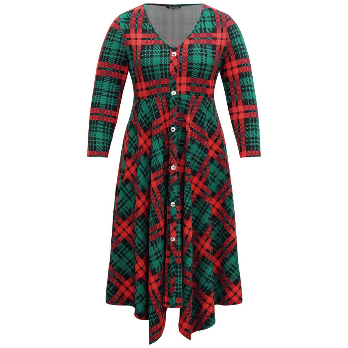 Plus Size Christmas Plaid Button Detail Hanky Hem Dress DarkGreen Women Casual Printed V-neck Long Sleeve Curvy Midi Dress BloomChic 10/M Product Image