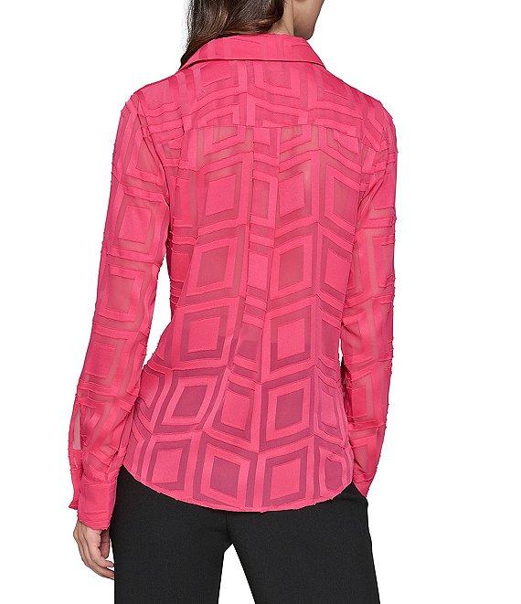 KARL LAGERFELD PARIS Textured Geometric Pattern Spread Collar Long Sleeve Button Front Blouse Product Image