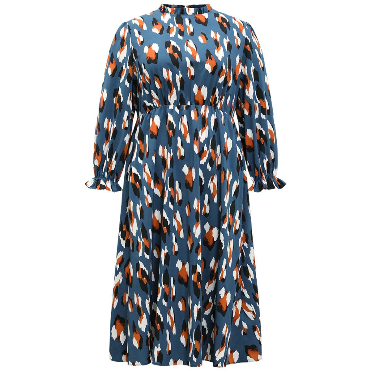 Plus Size Allover Print Stand Collar Pocket Ruffles Dress Aegean Women Office Printed Stand-up collar Long Sleeve Curvy Midi Dress BloomChic 18-20/2X Product Image