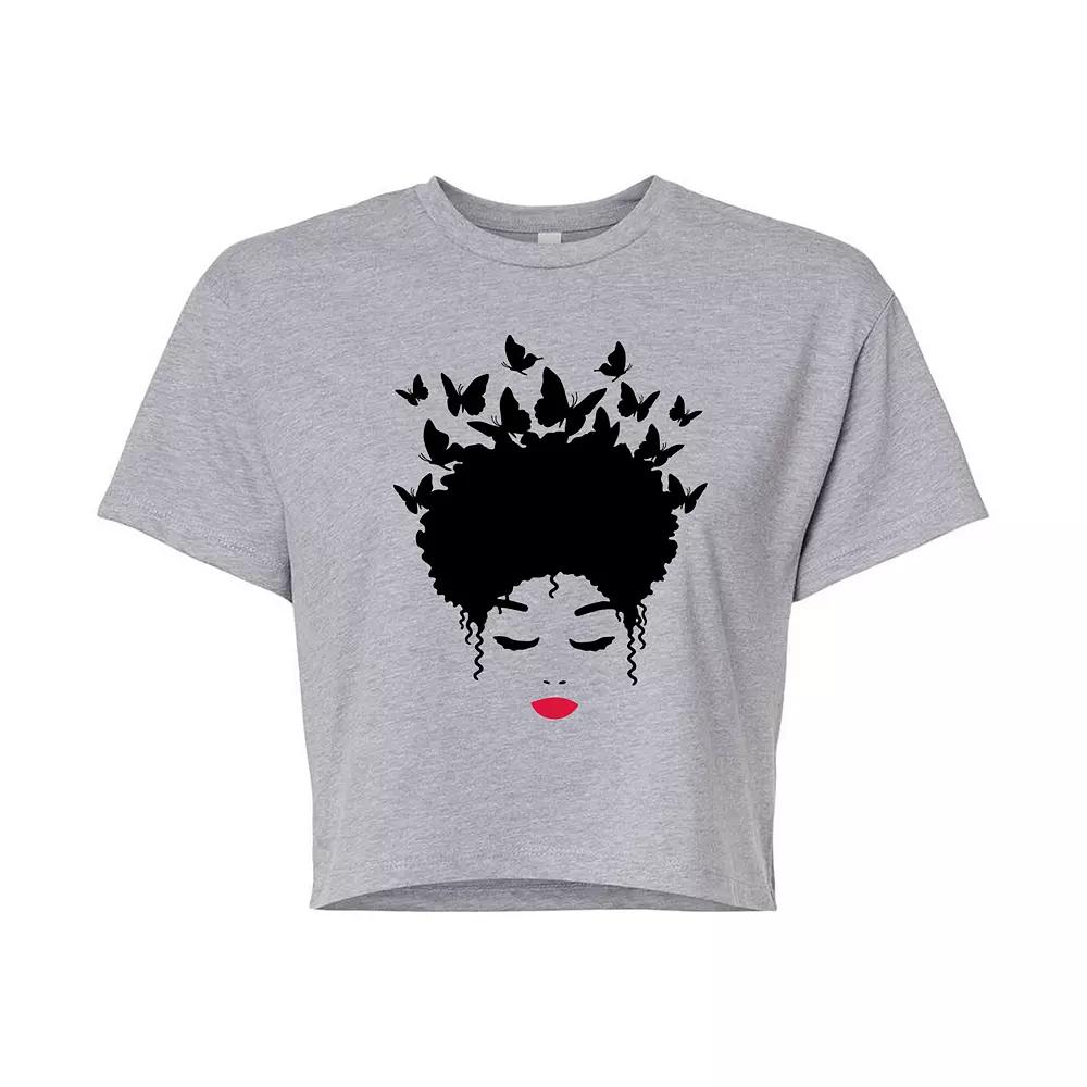 Juniors' Woman of Color Black Butterfly Hair Cropped Tee, Girl's,  Product Image