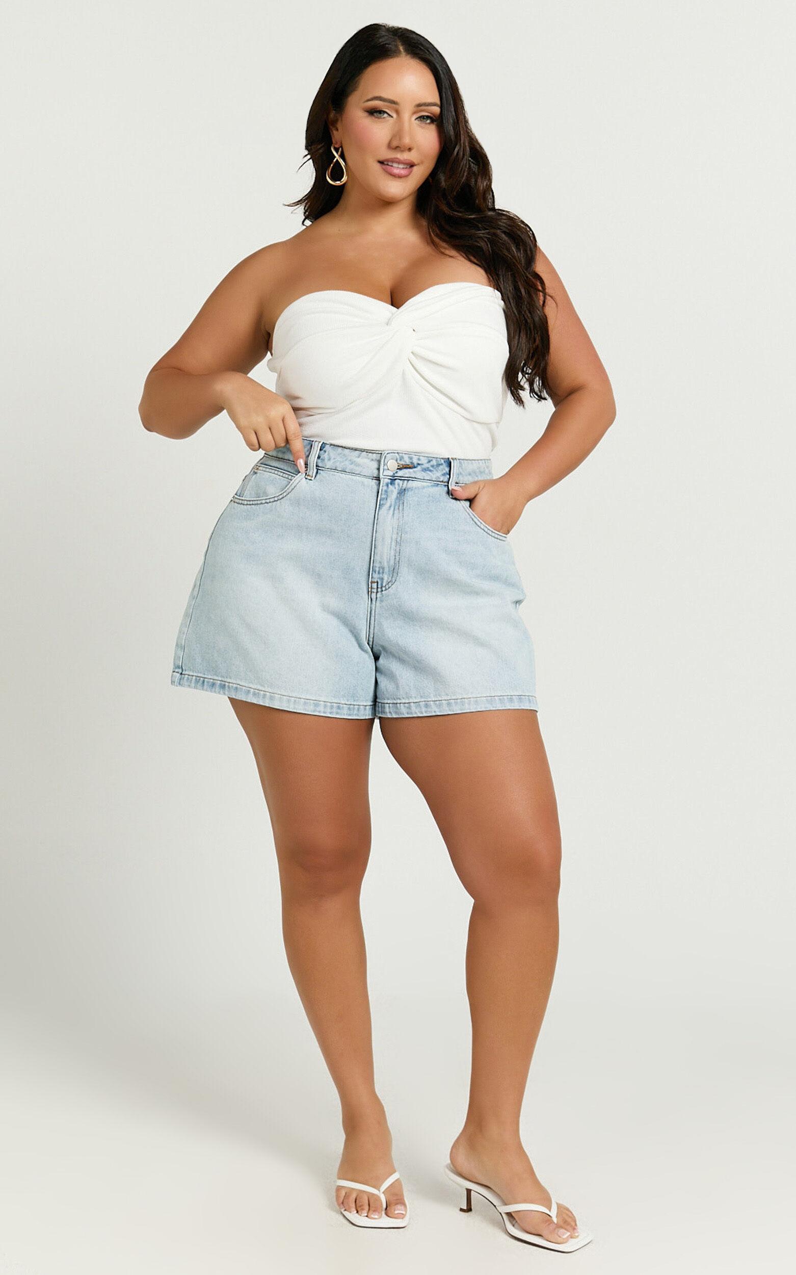 Seville Shorts - High Waisted Recycled Denim Shorts in Light Blue Wash Product Image