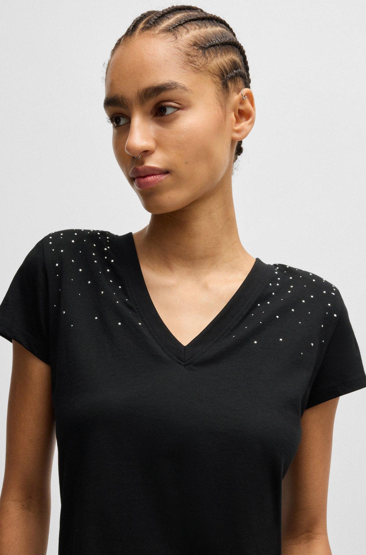 BOSS - V-neck T-shirt in cotton with embellishments - Black Product Image