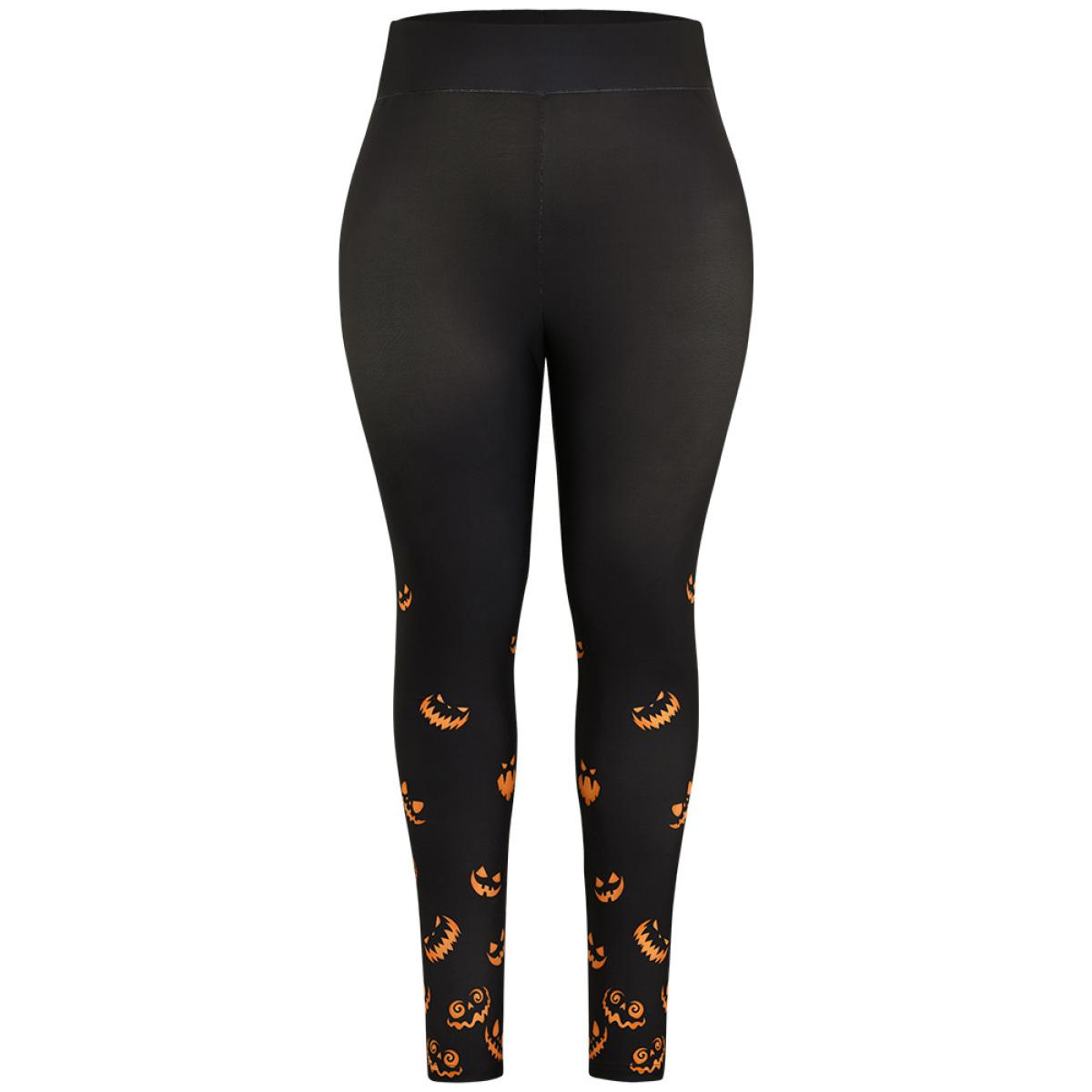 Plus Size Halloween Pumpkin Print Wideband Waist Leggings Women Burgundy Casual High stretch Skinny High Rise Festival-Halloween Leggings BloomChic 14-16/1X Product Image
