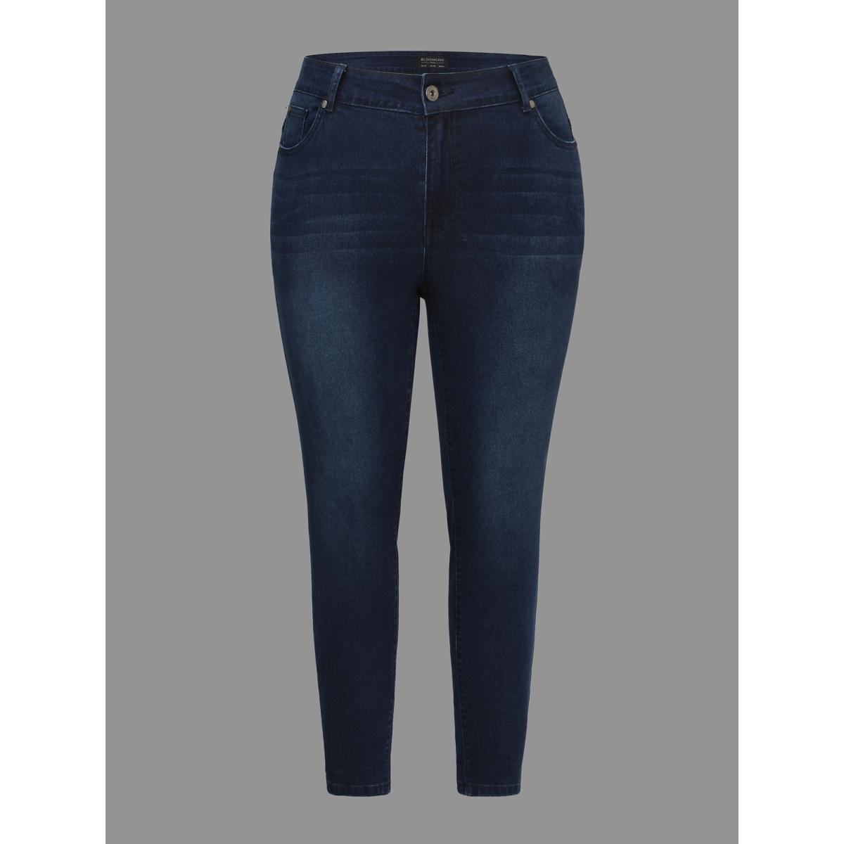 Plus Size Booty-Lifting Skinny Fit Mid-Rise Jeans Women Denimindigo Elegant Button Medium stretch Slanted pocket Jeans BloomChic 22/3X Product Image