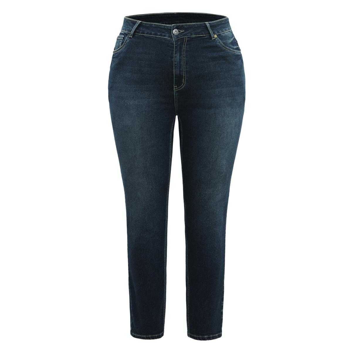 Plus Size Dark Wash Straight Leg High Rise Jeans Women Indigo Casual Plain Plain High stretch Pocket Jeans BloomChic 24/3X Product Image