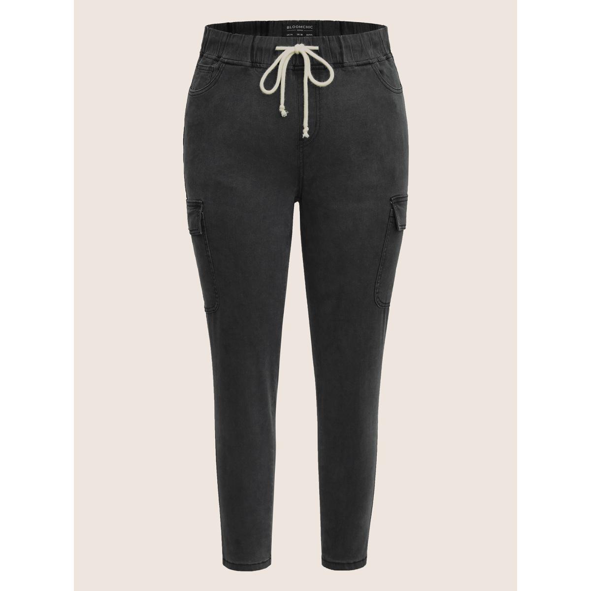 Plus Size Skinny Elastic Waist Drawstring Patched Pocket Jeans Women Gray Casual Plain Non High stretch Slanted pocket Jeans BloomChic 12/L Product Image