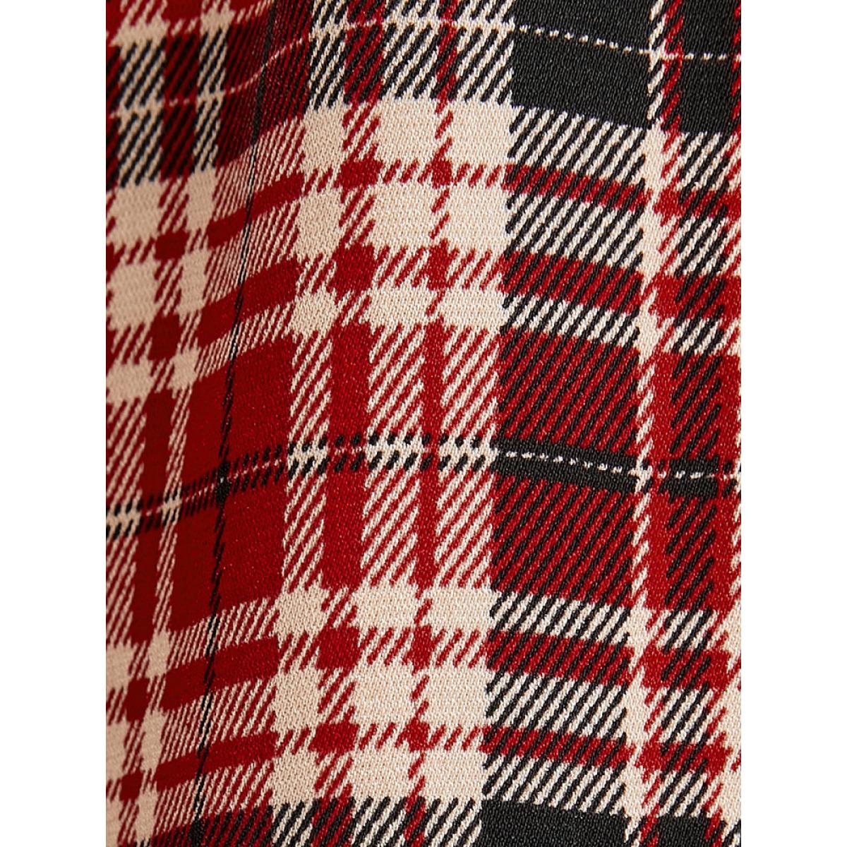 Plus Size Tartan Wrap Lantern Sleeve Pocket Knotted Split Dress Maroon Women Elegant Knotted V-neck Long Sleeve Curvy Midi Dress BloomChic 12/L Product Image