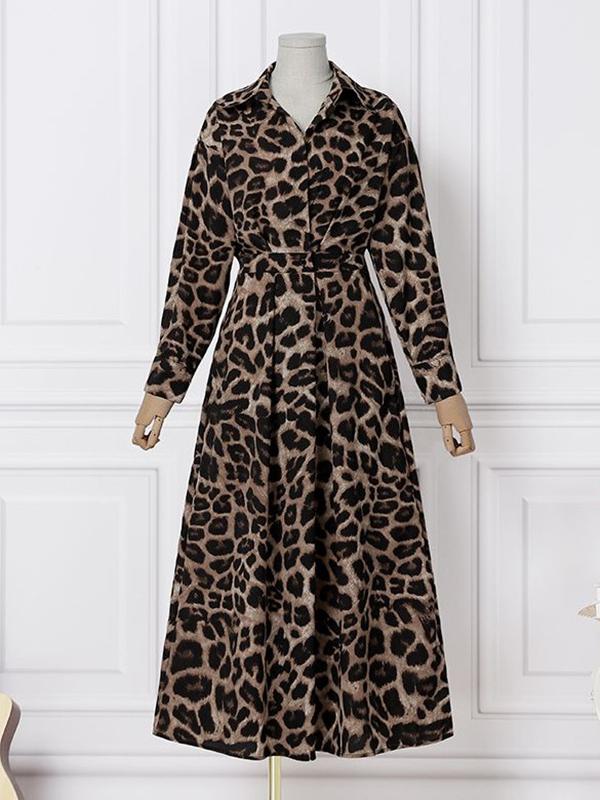 High Waisted Long Sleeves Buttoned Leopard Lapel Maxi Dresses Product Image