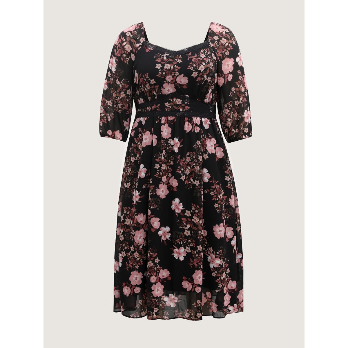 Plus Size Chiffon Floral Print Lace Trim Midi Dress Black Women Romantic Heart neckline Elbow-length sleeve Curvy BloomChic 12/L Product Image