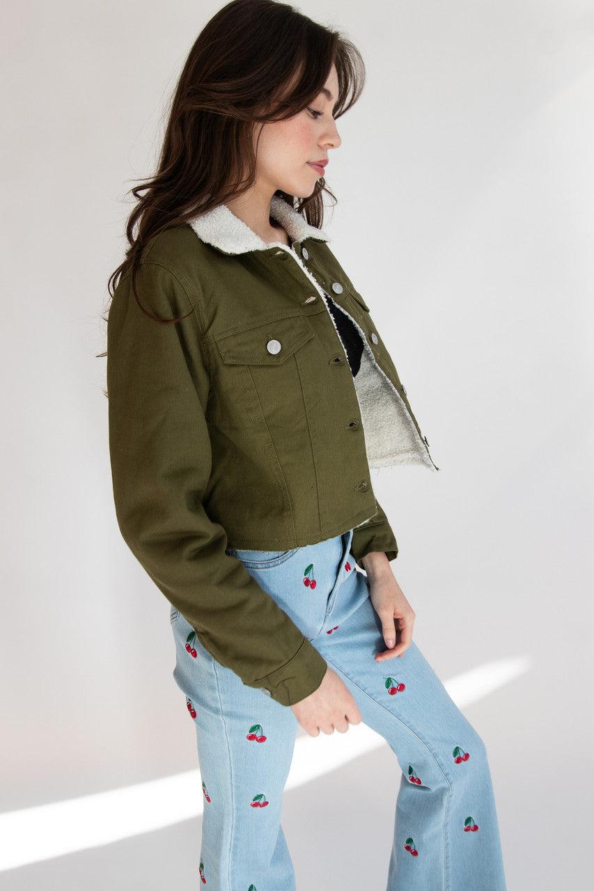Olive Green Sherpa Lined Denim Jacket Product Image