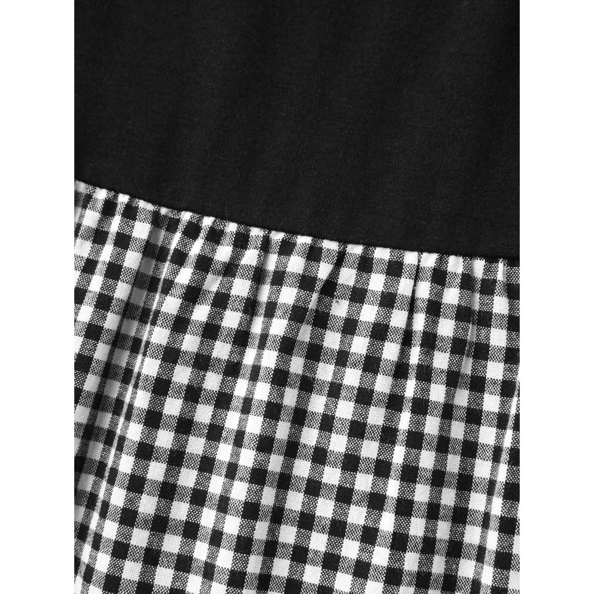 Plus Size Mixed Print Round Neck Doll T-Shirt Black Women Gathered Round Neck Everyday-Casual T-shirts BloomChic 12/L Product Image