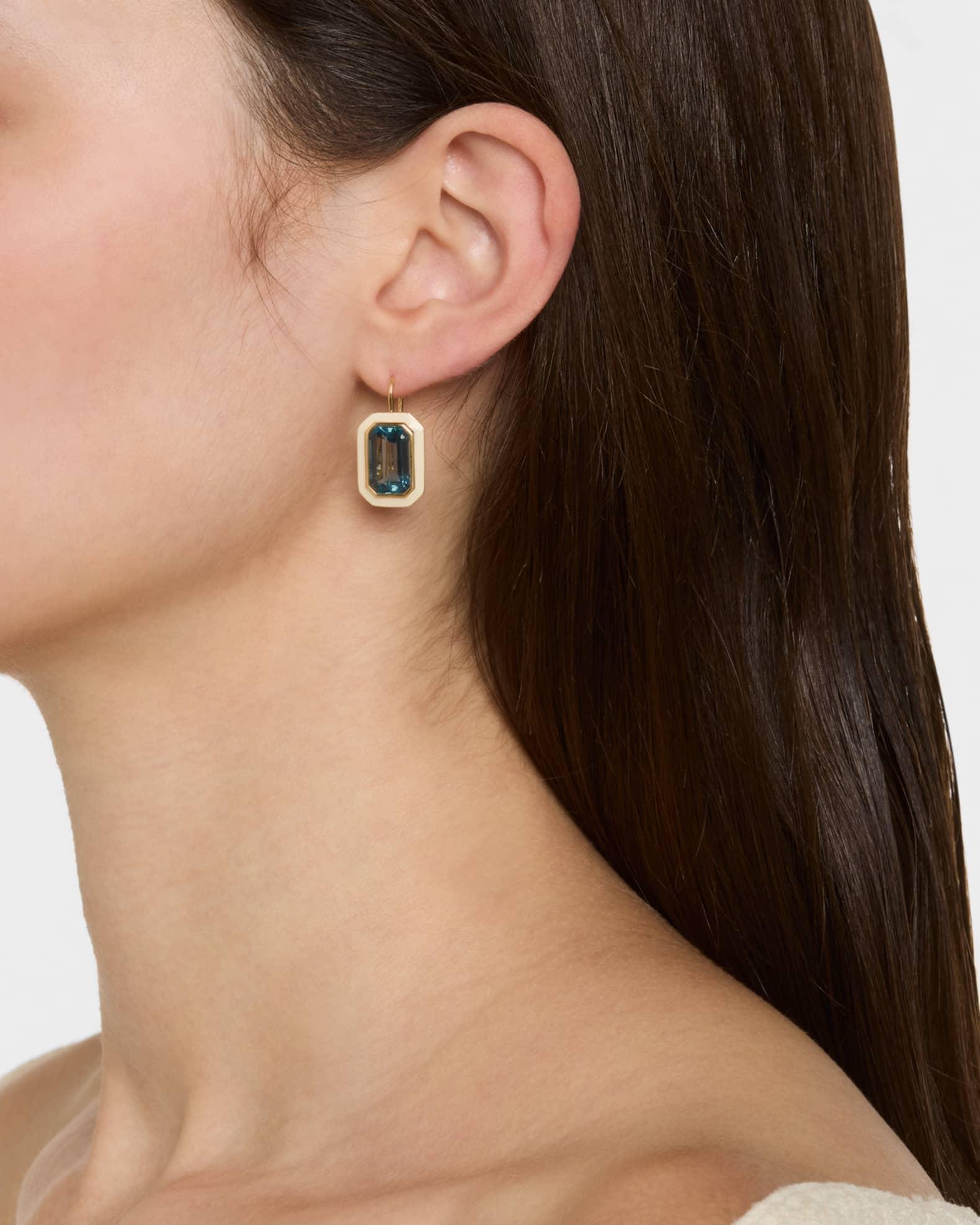 18K Yellow Gold London Blue Topaz Emerald Cut Earrings with White Enamel Product Image