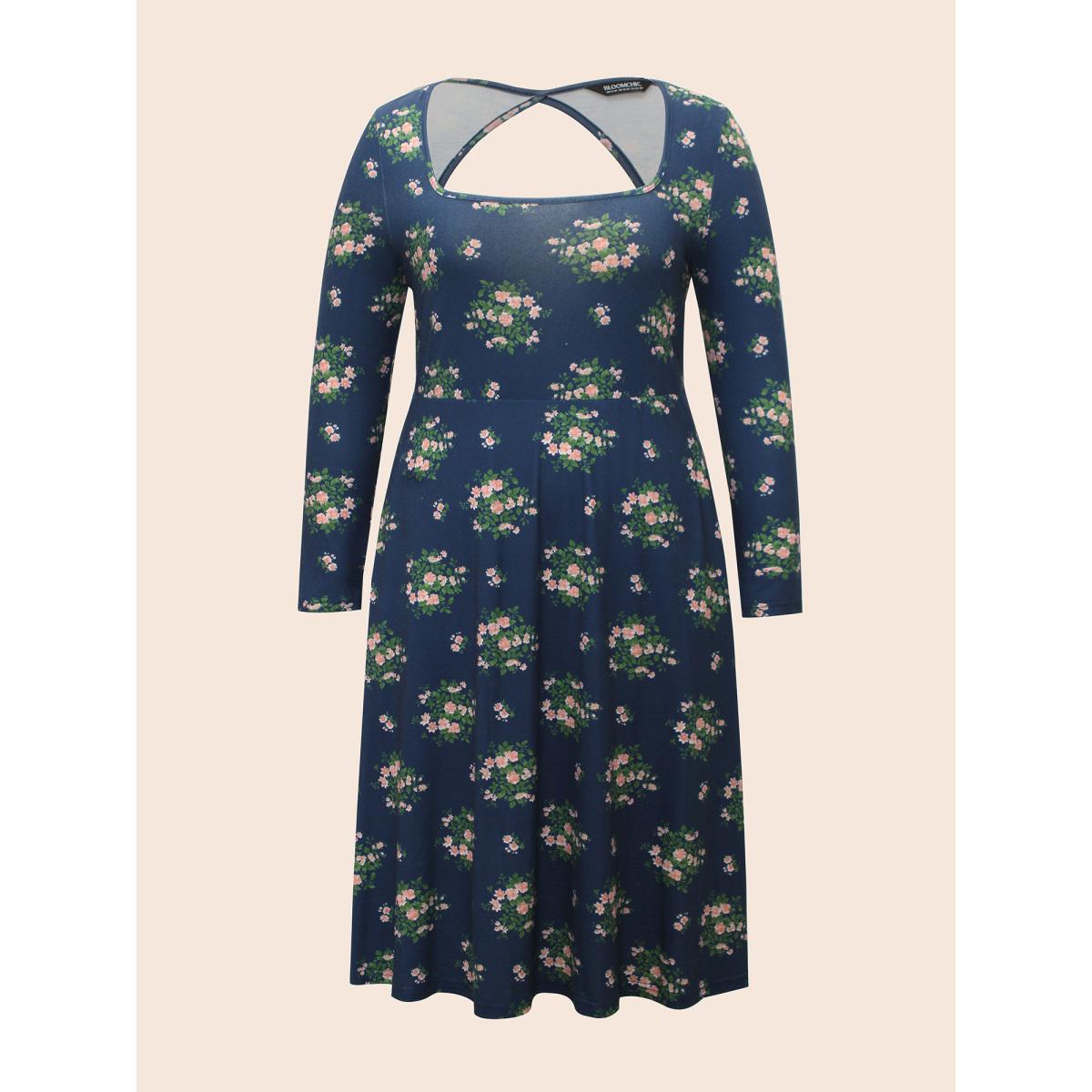 Plus Size Square Neck Floral Cut Out Dress Navy Women Elegant Cut-Out Square Neck Long Sleeve Curvy BloomChic 10/M Product Image