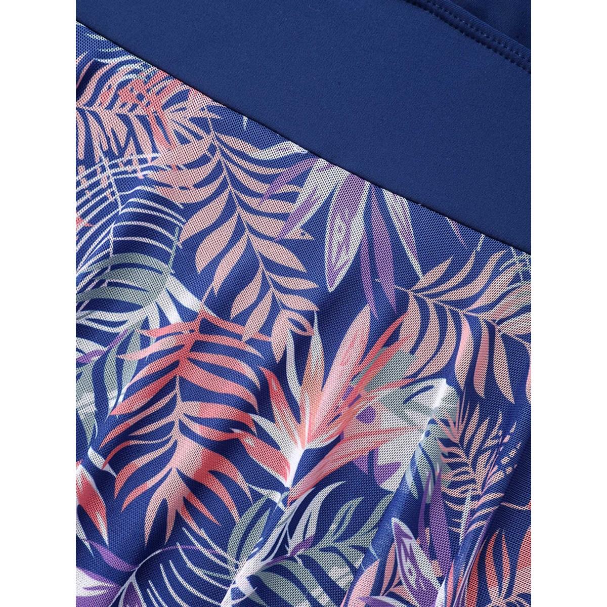 Plus Size Tropical Print Mesh Twist Front Swim Dress Women's Swimwear Indigo Beach Skinny Heart neckline High stretch Curve Swim Dresses BloomChic 28/5X Product Image
