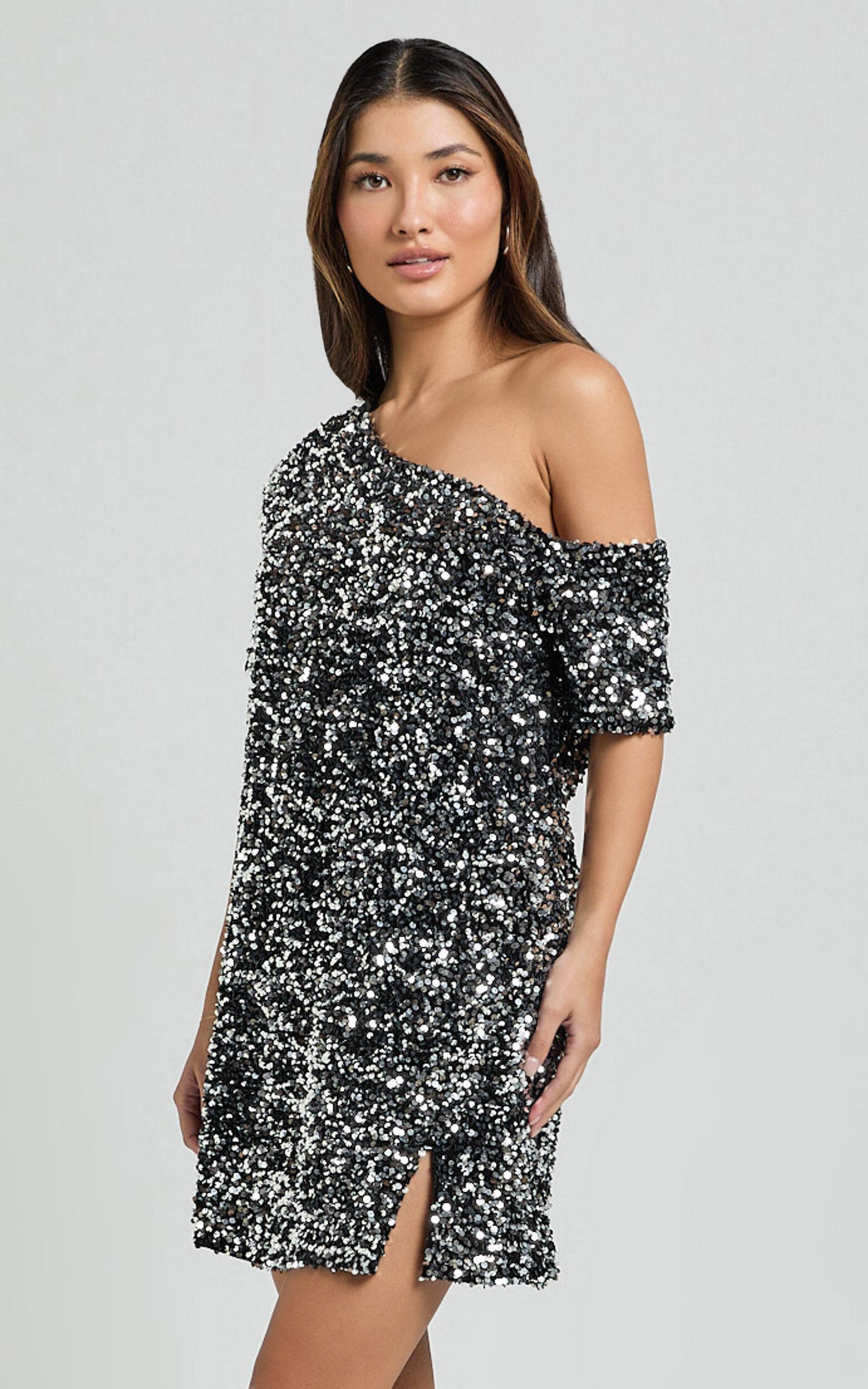 Katrine Mini Dress - Off Shoulder Shift Sequin Dress in Black Product Image
