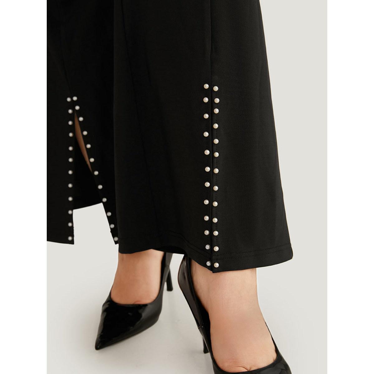 Plus Size Bootcut Pearl Beaded Split Front Pants Women Black Office Flare Leg High Rise Office Pants BloomChic 10/M Product Image
