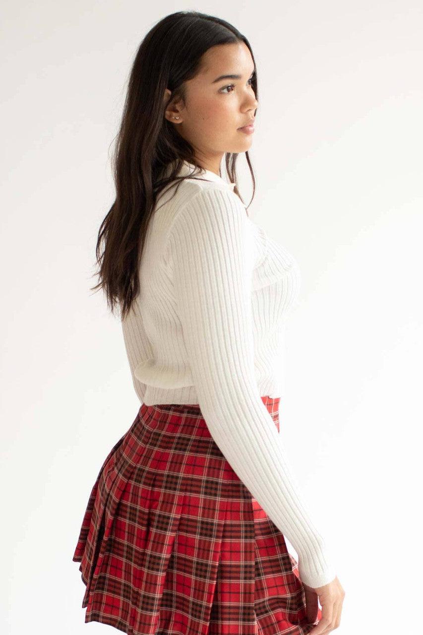 Ivory Ribbed Collared Cardigan Product Image