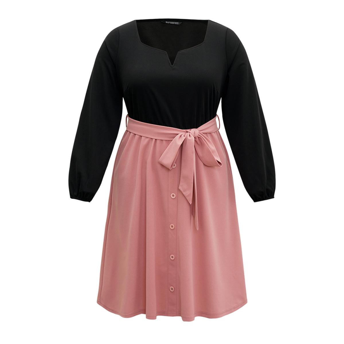 Plus Size Contrast Patchwork Button Detail Belted Dress Rouge Women At the Office Elastic cuffs Notched collar Long Sleeve Curvy Midi Dress BloomChic 22-24/3X Product Image