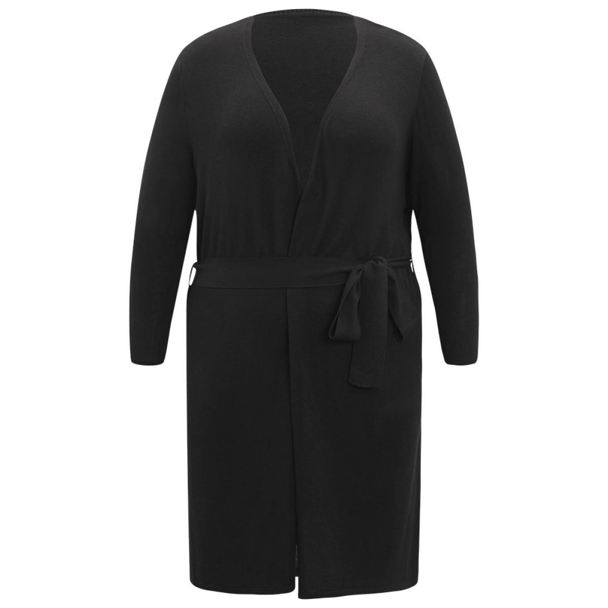 Plus Size Supersoft Essentials Ties Open Front Split Side Cardigan Black Women Casual Loose Long Sleeve Everyday Cardigans BloomChic 30/6X Product Image