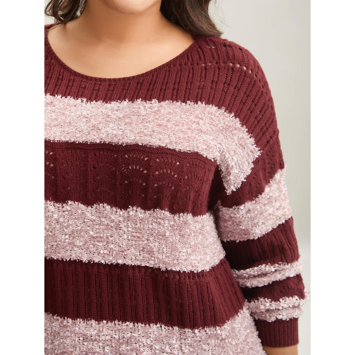 Plus Size Striped Color-Block Textured Pullover Deepred Women Casual Loose Long Sleeve Round Neck Everyday Pullovers BloomChic 26/4X Product Image