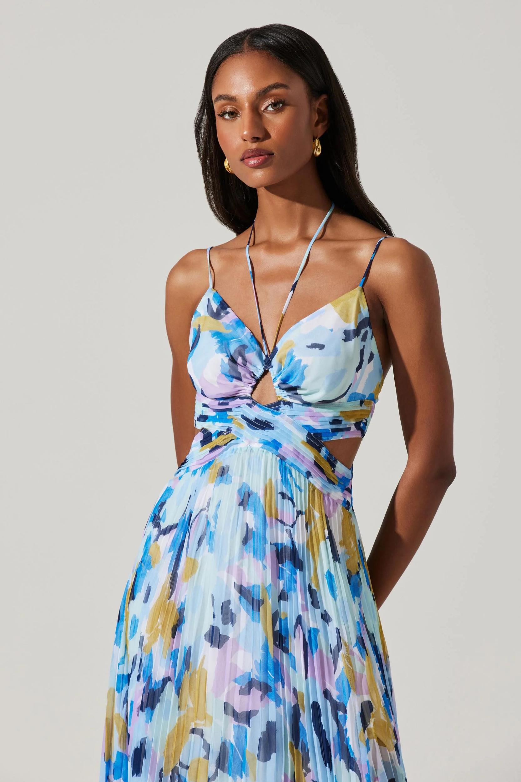 Aquata Floral Pleated Maxi Dress - Aqua Blue Multi Product Image