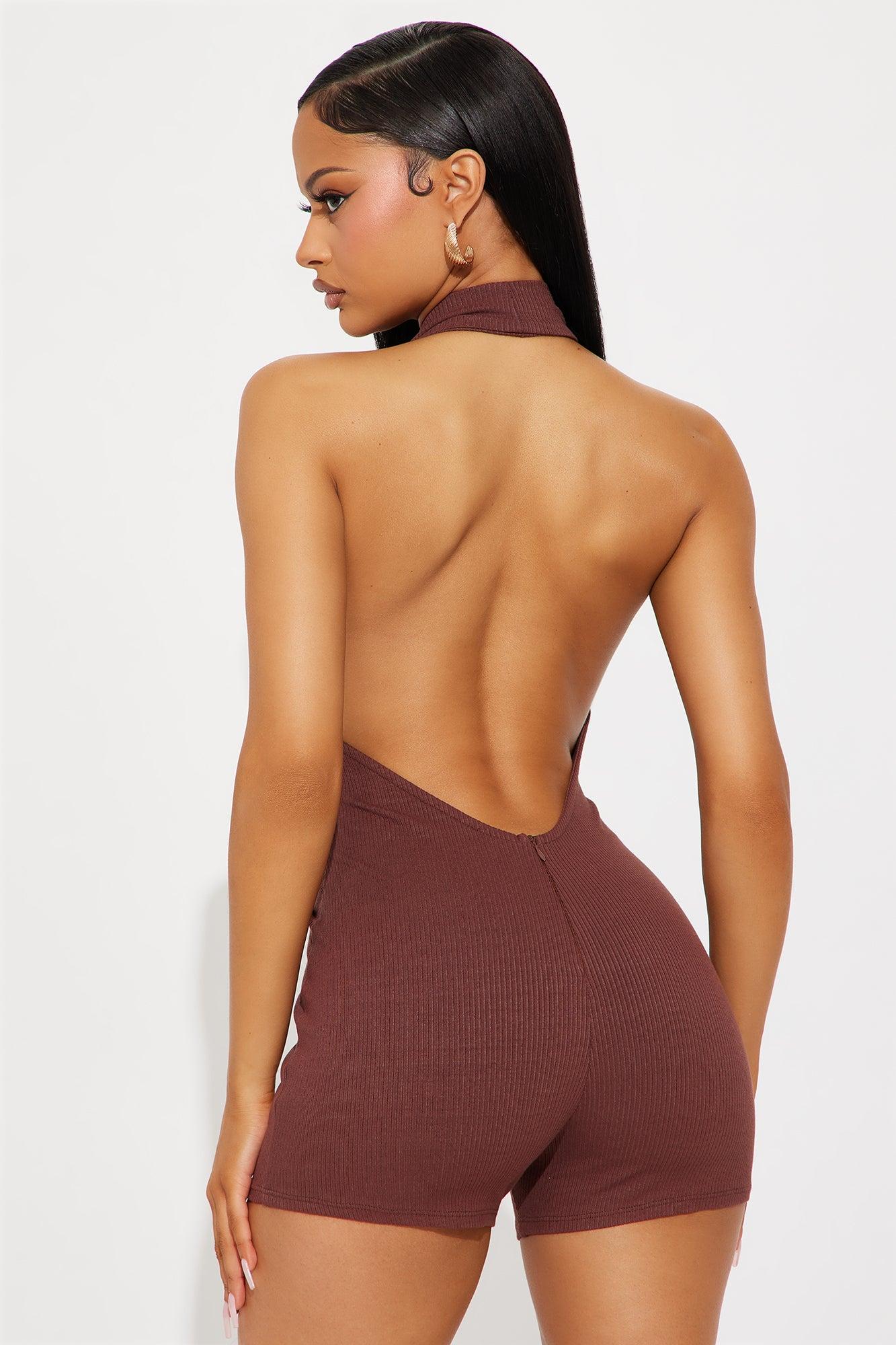 Rebecca Backless Ribbed Romper - Chocolate Product Image