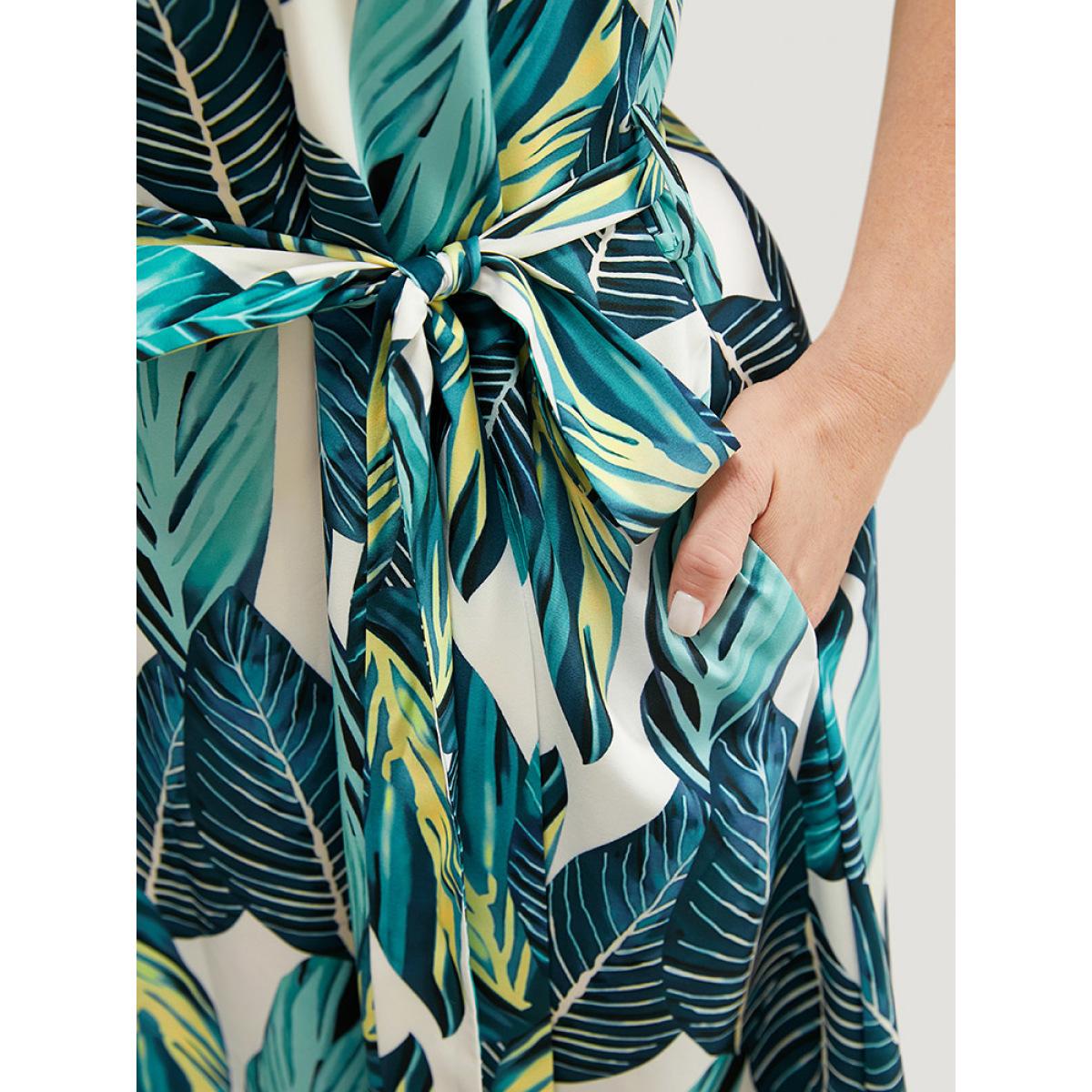 Plus Size Tropical Print Pocket Belted Tank Dress Emerald Women Vacation Cross straps Round Neck Sleeveless Curvy Knee Dress BloomChic 10/M Product Image