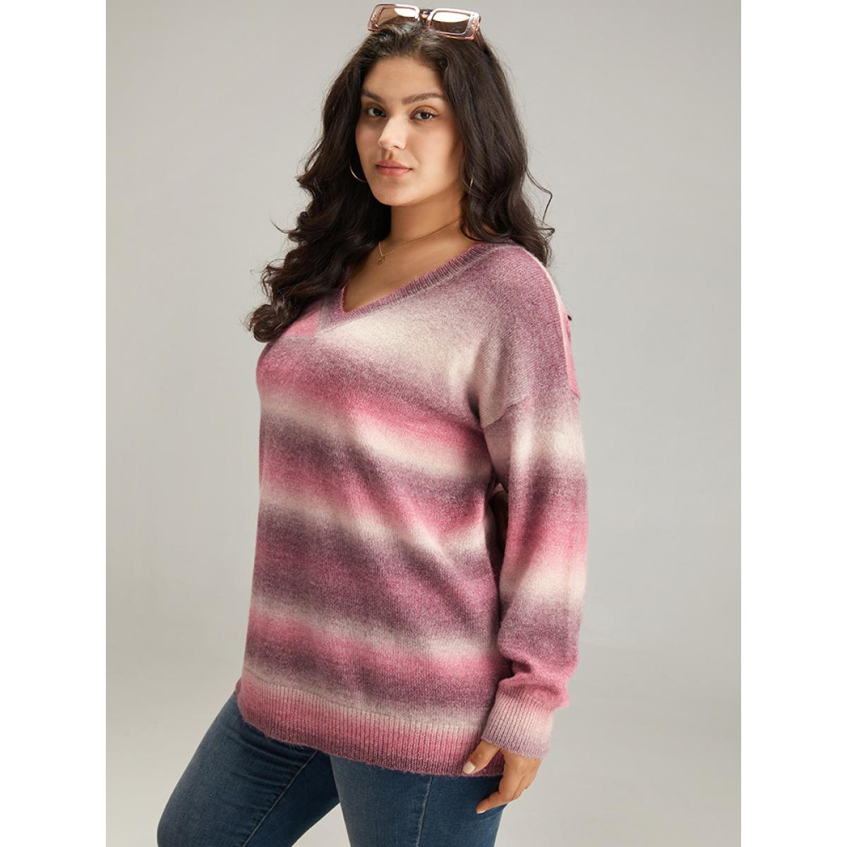 Plus Size Ombre Heather V Neck Elastic Cuffs Pullover Multicolor Women Casual Loose Long Sleeve V-neck Dailywear Pullovers BloomChic 22-24/3X Product Image