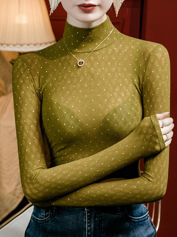 Long Sleeves Plus Size Rhine Stones See-Through Split-Joint Mock Neck T-Shirts Tops Product Image