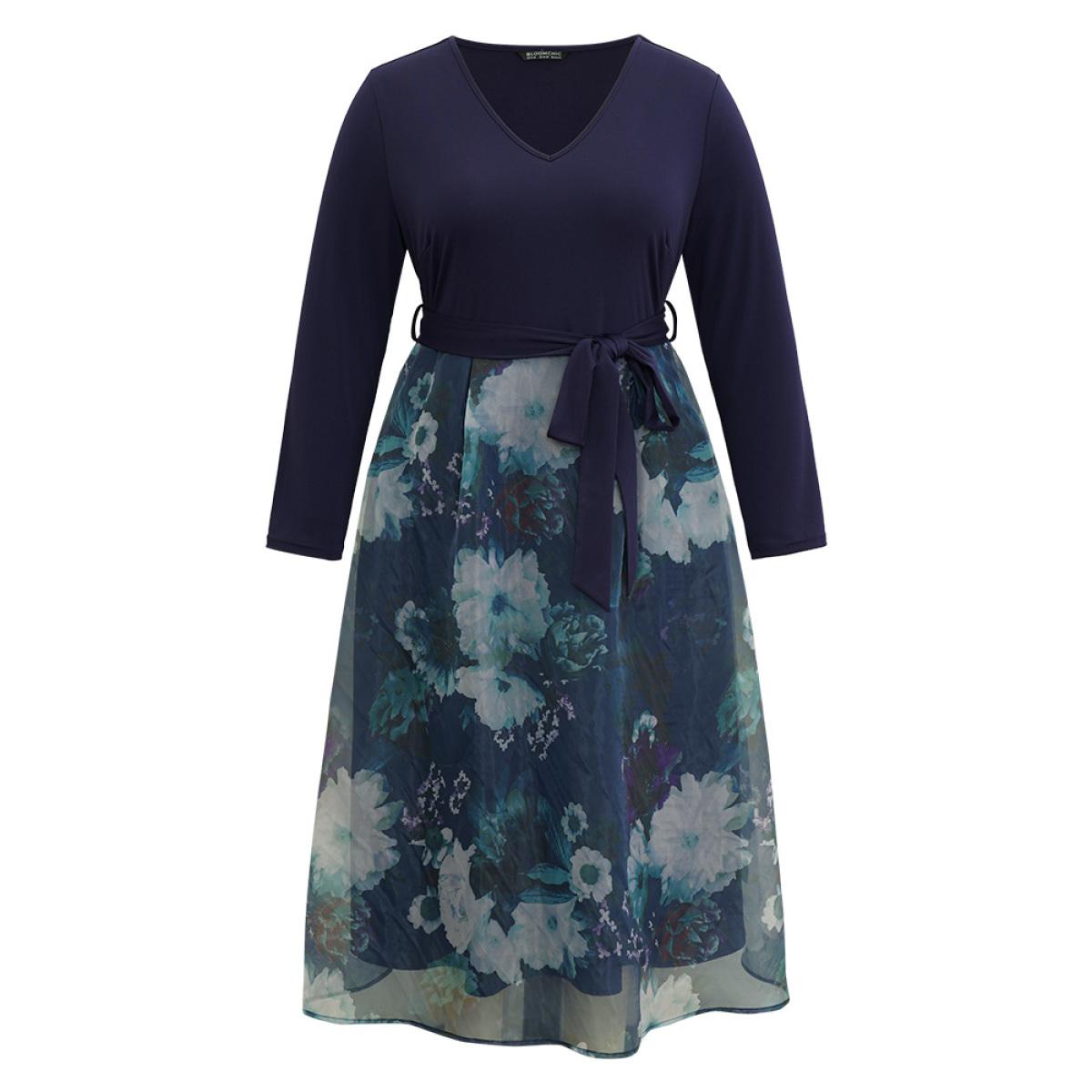 Plus Size Floral Print Belted Patchwork Mesh Dress DarkBlue Women Elegant Belted V-neck Long Sleeve Curvy Midi Dress BloomChic 10/M Product Image