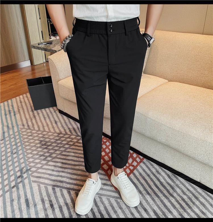 Elastic Waist Plain Cropped Straight Leg Pants Product Image