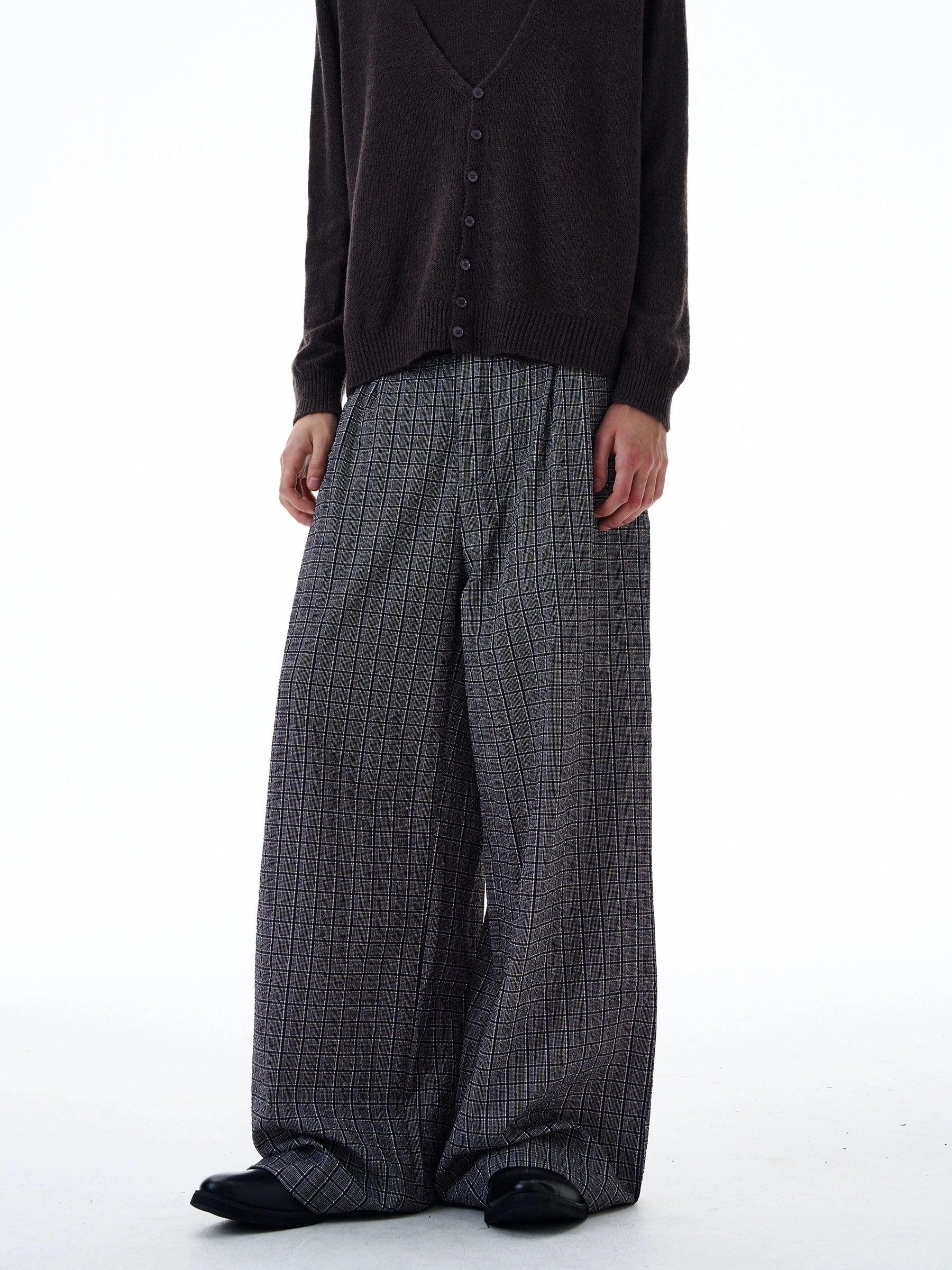 RT No. 20031 PLEATED GRAY PLAID BAGGY STRAIGHT PANTS Product Image