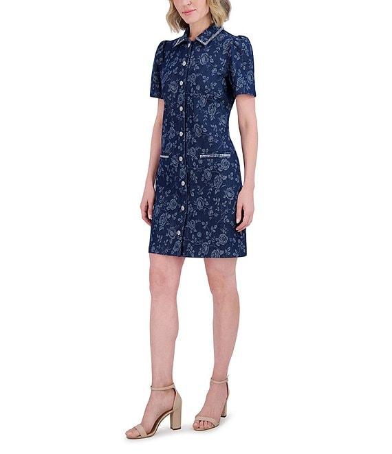 Eliza J Denim Floral Print Point Collar Neck Short Sleeve Rhinestoned Button Front Shirt Mini Dress Product Image