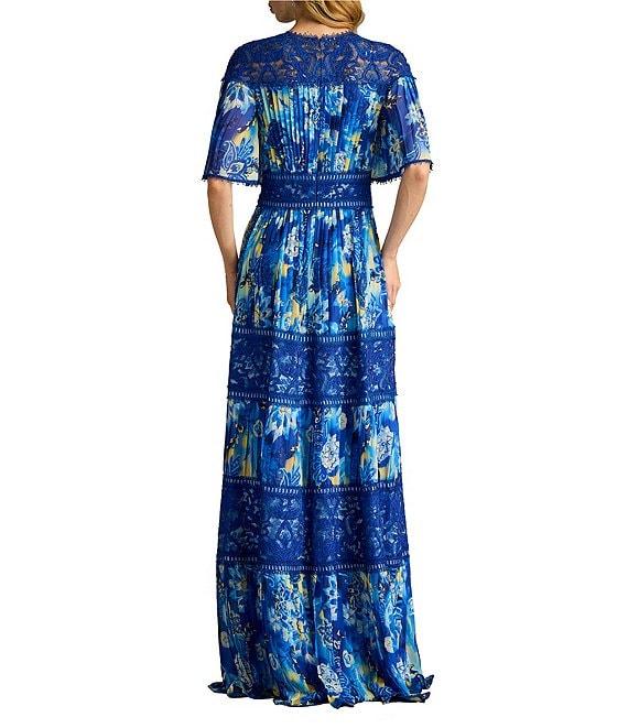 Tadashi Shoji Chiffon Floral Print V-Neck Short Flutter Sleeve Lace Trim A-Line Maxi Dress Product Image