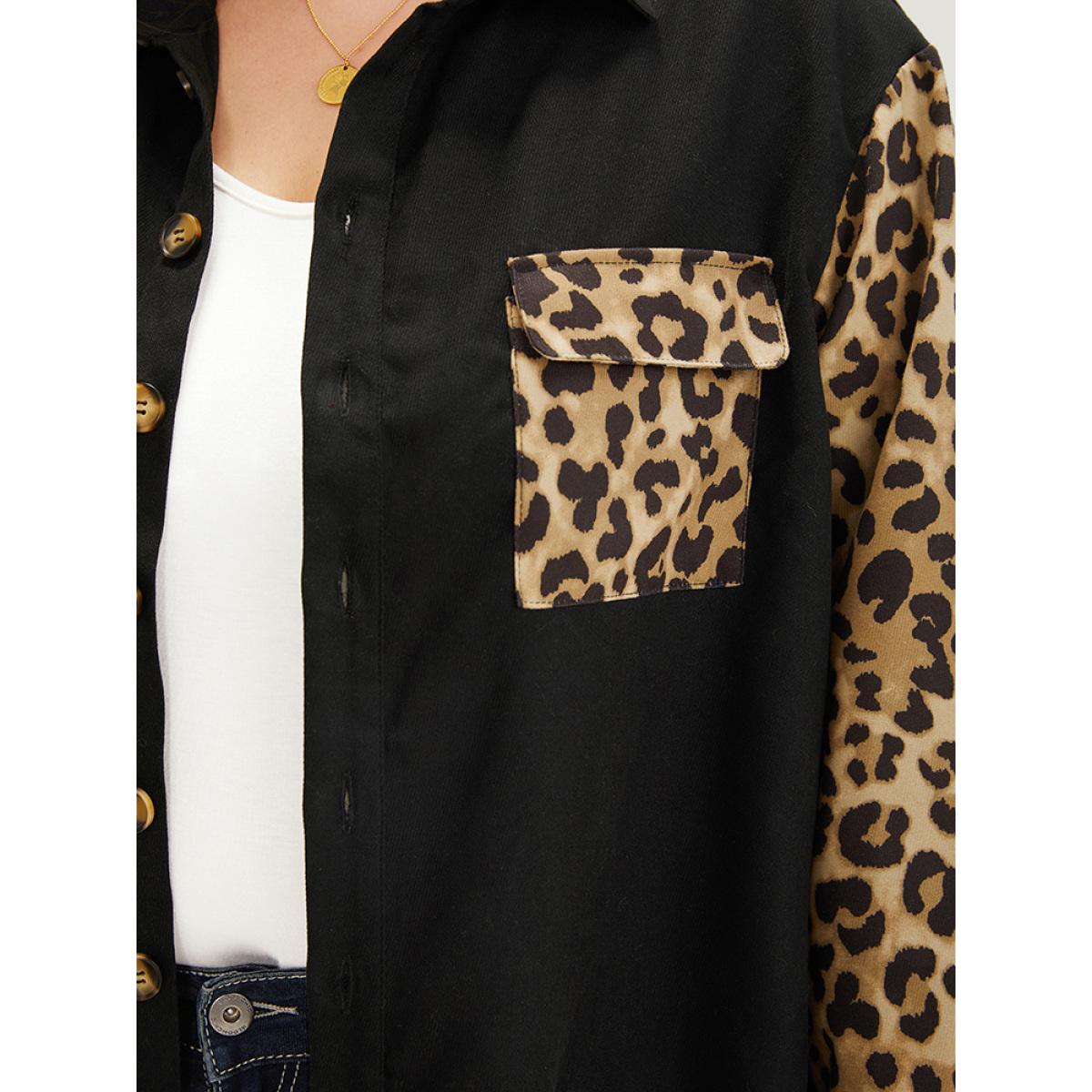 Plus Size Leopard Patchwork Contrast Button Up Coat Women Black Contrast Pocket Dailywear Jackets BloomChic 22-24/3X Product Image