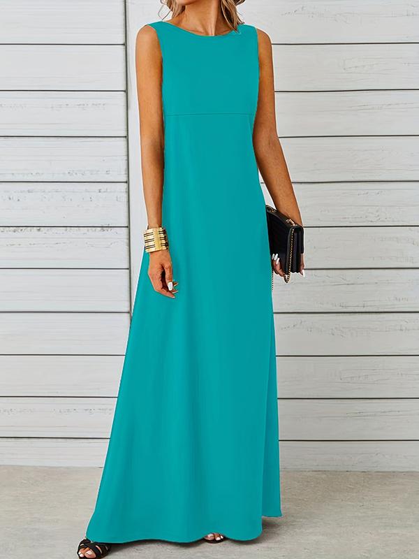 A-Line Loose Solid Color Round-Neck Maxi Dresses Product Image