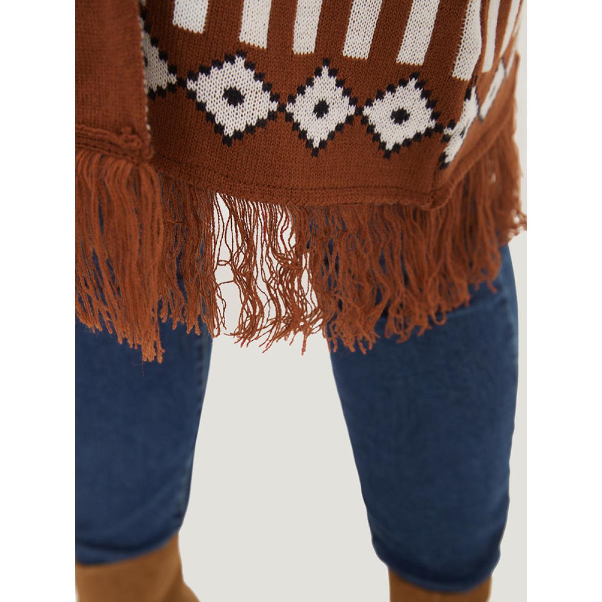 Plus Size Geometric Tassel Trim Open Front Cardigan Maroon Women Casual Loose Long Sleeve Dailywear Cardigans BloomChic 14-16/1X Product Image