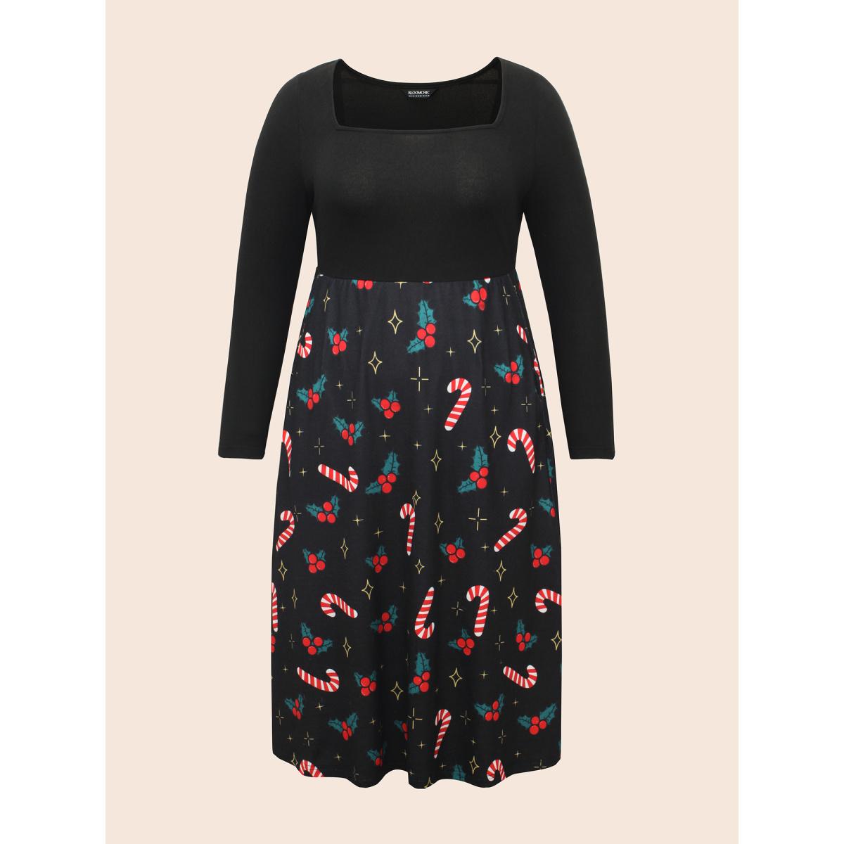 Plus Size Festive Knit Printed Skirt Midi Dress Black Women Elegant Patchwork Party Curvy Bloomchic 14-16/1X Product Image