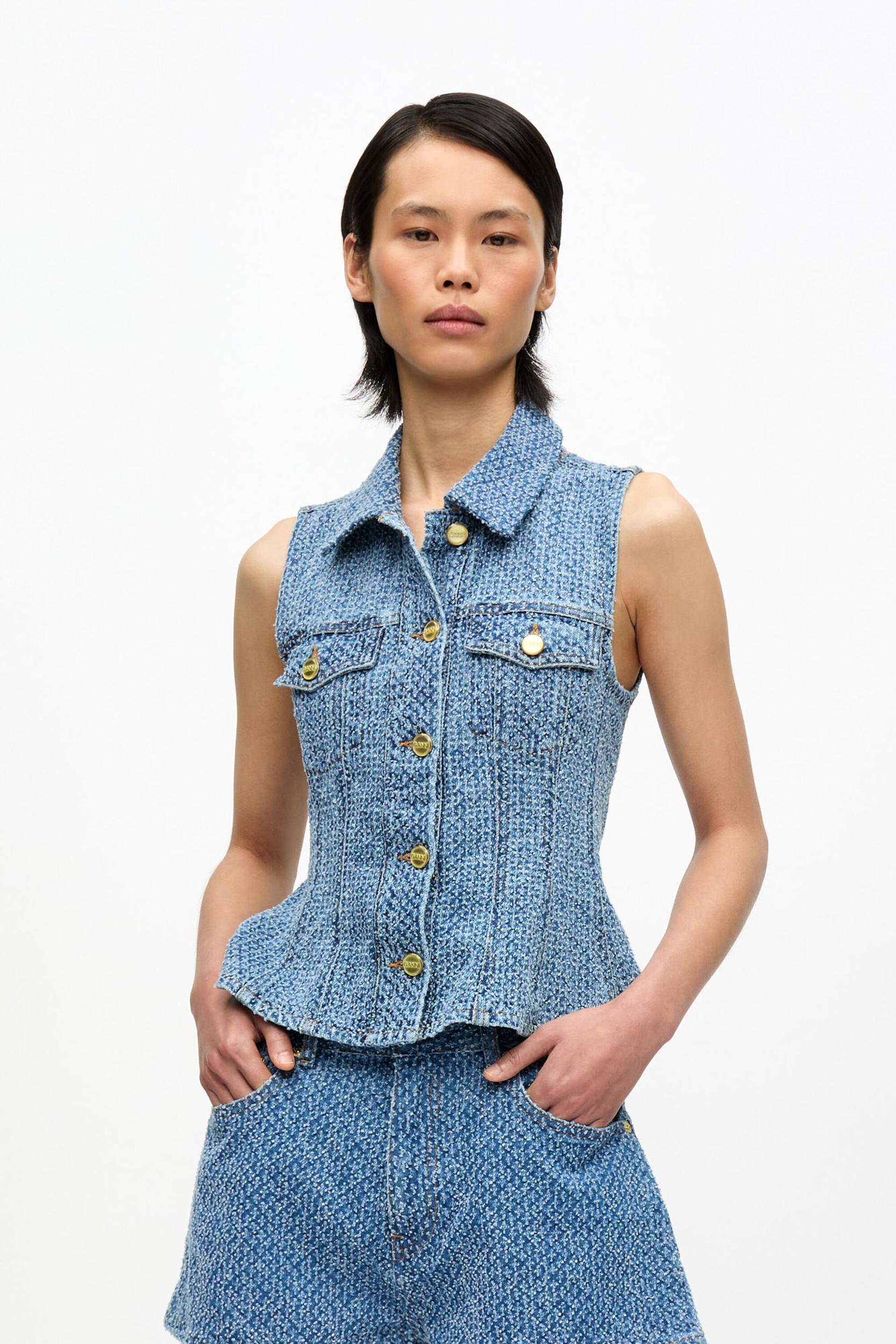 Blue Textured Denim Top Product Image