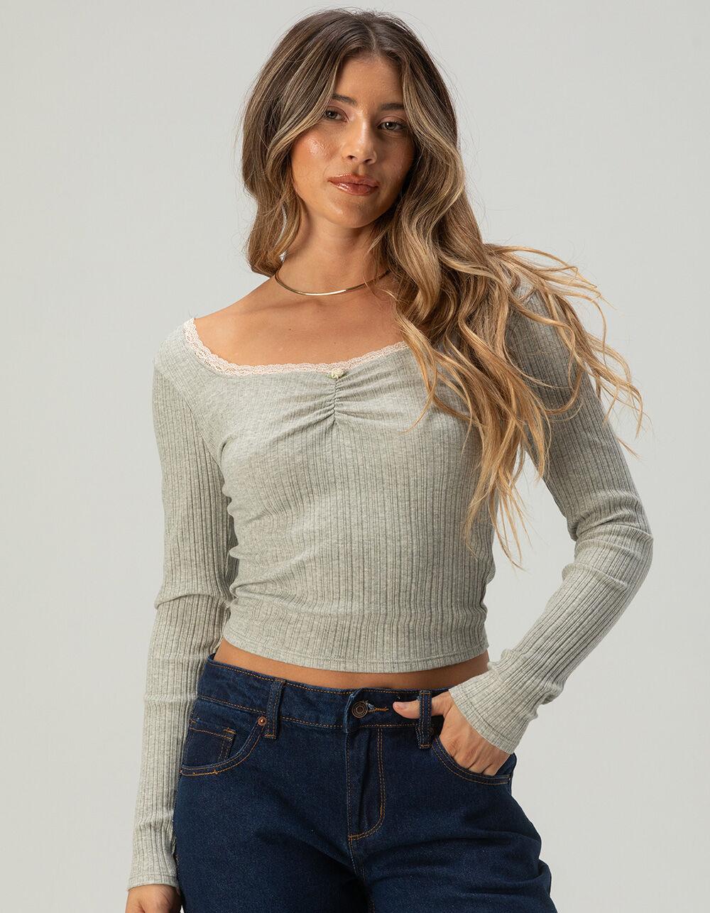 RSQ Womens Lace Trim Texture Long Sleeve Top - HEATHER GRAY Product Image