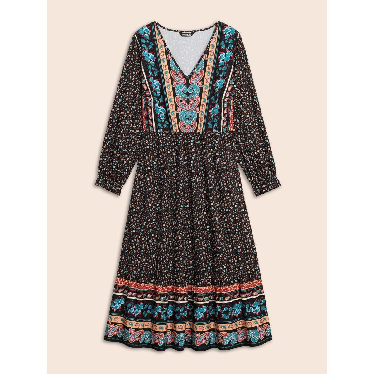 Plus Size Boho Print V Neck Elastic Waist Dress Black Women Resort Frill Trim V-neck Long Sleeve Curvy BloomChic 28/5X Product Image