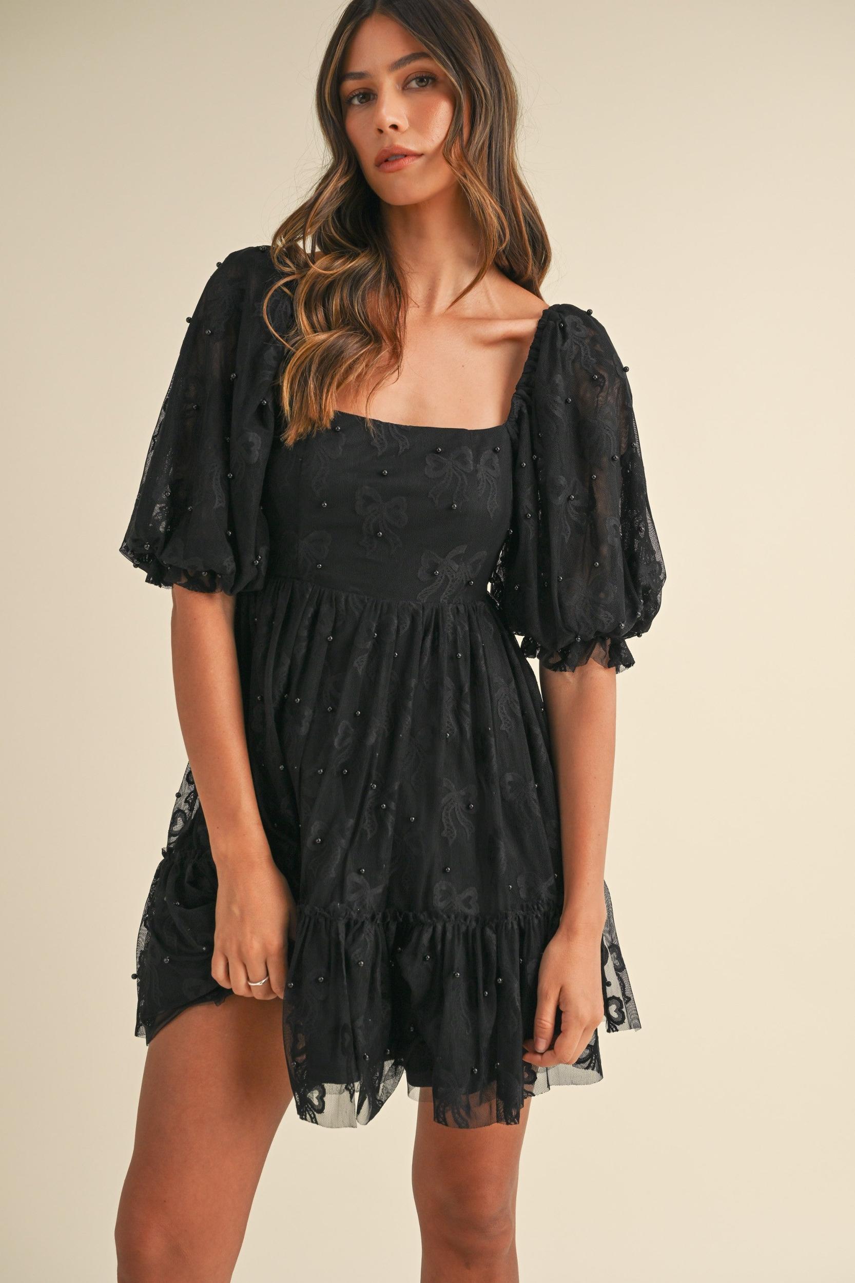 Jacquard Bow & Pearl Detail Mesh Dress Product Image